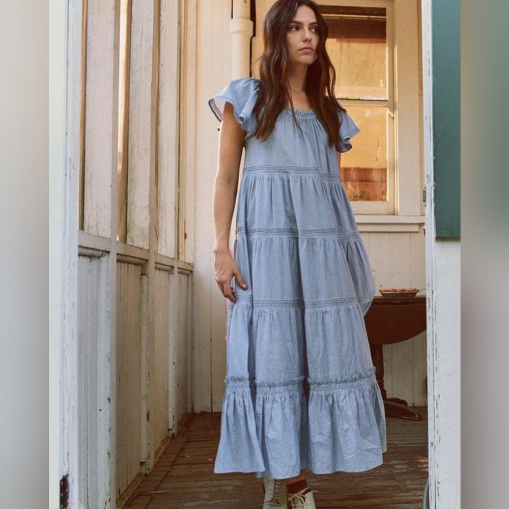 THE GREAT. Light Blue Tiered Maxi Dress